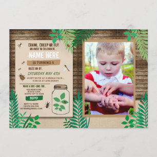 Invitation Chasse aux insectes Photo Party aux feuilles de bo