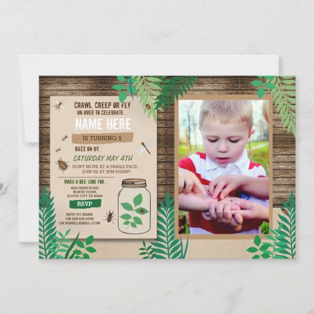 Invitation Chasse aux insectes Photo Party Feuilles en bois (Devant)