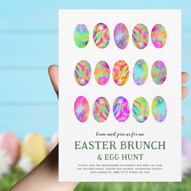 Invitation Chasse aux œufs de brunch de Pâques aquarelle mode (Trendy Easter brunch and egg hunt invitation colorful arty Easter egg pattern)