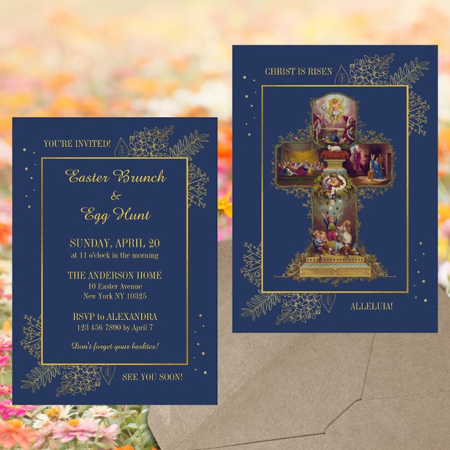 Invitation Chasse aux oeufs de Brunch de Pâques chrétienne re (Blue Religious Christian Catholic Floral Easter Cross Christ is risen Brunch Egg Hunt Invitation)