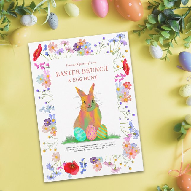 Invitation Chasse aux œufs de brunch de Pâques Lapin mignon F (Personalized happy easter colorful watercolor cute bunny wildflower floral holiday card)