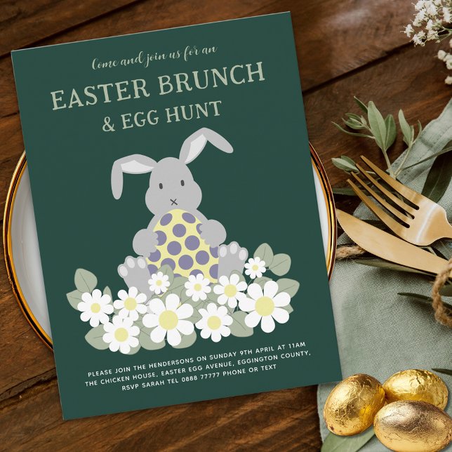 Invitation Chasse aux œufs de brunch de Pâques Lapin mignon f (Easter egg hunt spring brunch cute bunny floral garden party invitation)