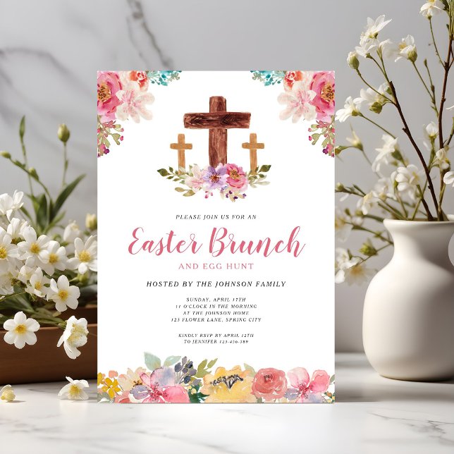 Invitation Chasse aux œufs de brunch de Pâques religieux à l' (Floral Watercolor Religious Easter Brunch Egg Hunt Invitation)