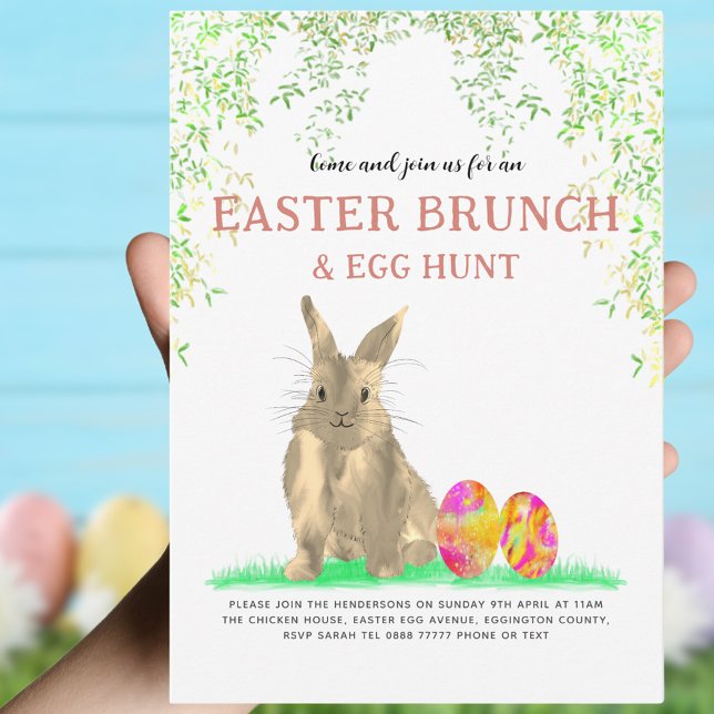 Invitation Chasse aux oeufs de lapin de Pâques et Brunch (Easter brunch and egg hunt cute bunny and colorful eggs invitation)