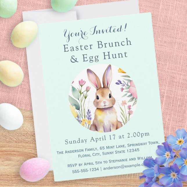 Invitation Chasse aux oeufs de lapin de Pâques et Brunch (A personalized invitation to an Easter brunch and egg hunt, with Easter bunny picture)