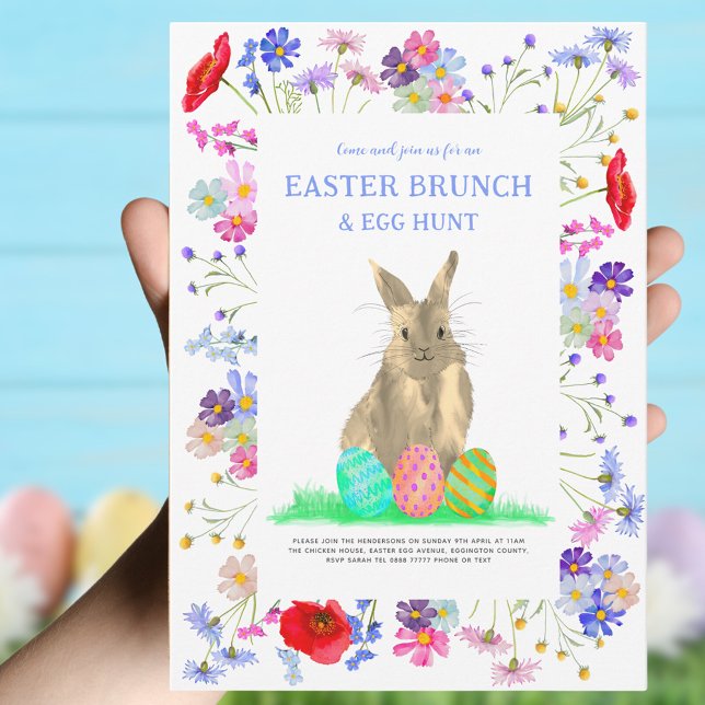 Invitation Chasse aux oeufs de lapin de Pâques et Brunch (Boho wildflower bunny Easter brunch and egg hunt invitation )