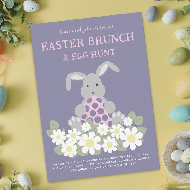 Invitation Chasse aux oeufs de lapin de Pâques et Brunch Flor (Modern Easter egg hunt spring brunch cute bunny spring floral invitation Pink whimsical script)