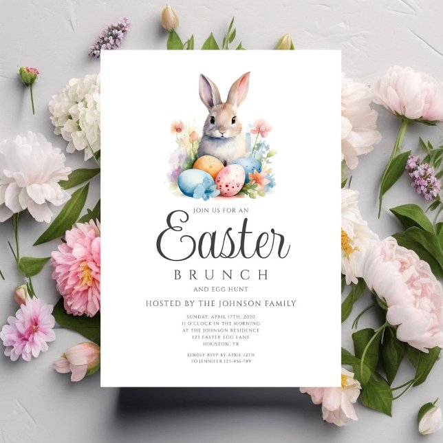 Invitation Chasse aux œufs de lapin mignon et brunch de Pâque (Cute Bunny Egg Hunt And Easter Brunch Invitation)