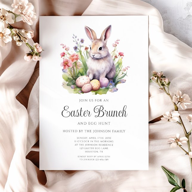 Invitation Chasse aux œufs de lapin mignon et brunch de Pâque (Cute Rabbit Egg Hunt And Easter Brunch Invitation)