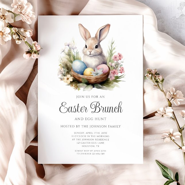 Invitation Chasse aux œufs de lapin mignon et brunch de Pâque (Cute Rabbit Egg Hunt And Easter Brunch Invitation)