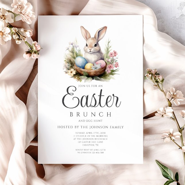 Invitation Chasse aux œufs de lapin mignon et brunch de Pâque (Cute Bunny Egg Hunt And Easter Brunch Invitation)