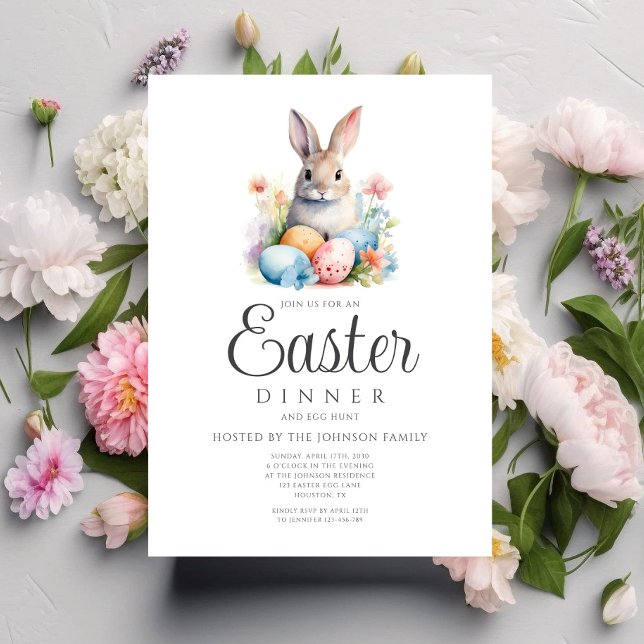 Invitation Chasse aux œufs de lapin mignon et dîner de Pâques (Cute Bunny Egg Hunt And Easter Dinner Invitation)