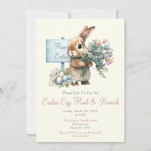 Invitation Chasse aux œufs de Pâques à l'aquarelle et brunch (Devant)