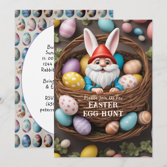 Invitation Chasse aux œufs de Pâques avec Gnome Lapin dans un (Devant / Derrière)