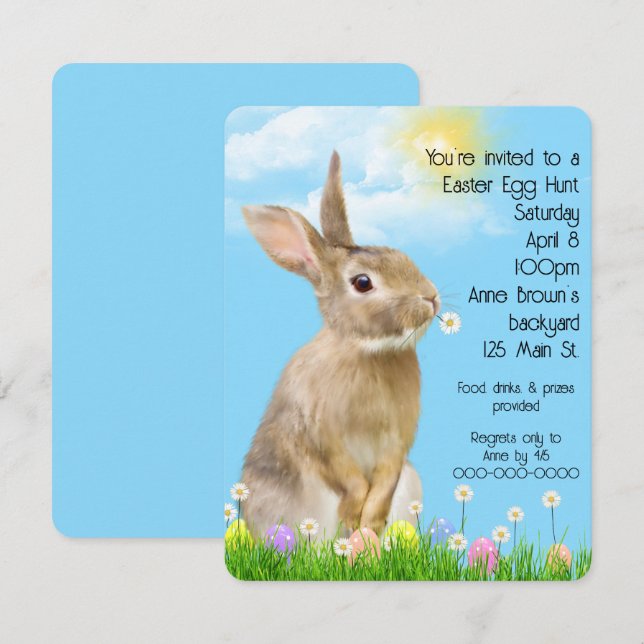 Invitation Chasse aux oeufs de Pâques avec lapin (Devant / Derrière)