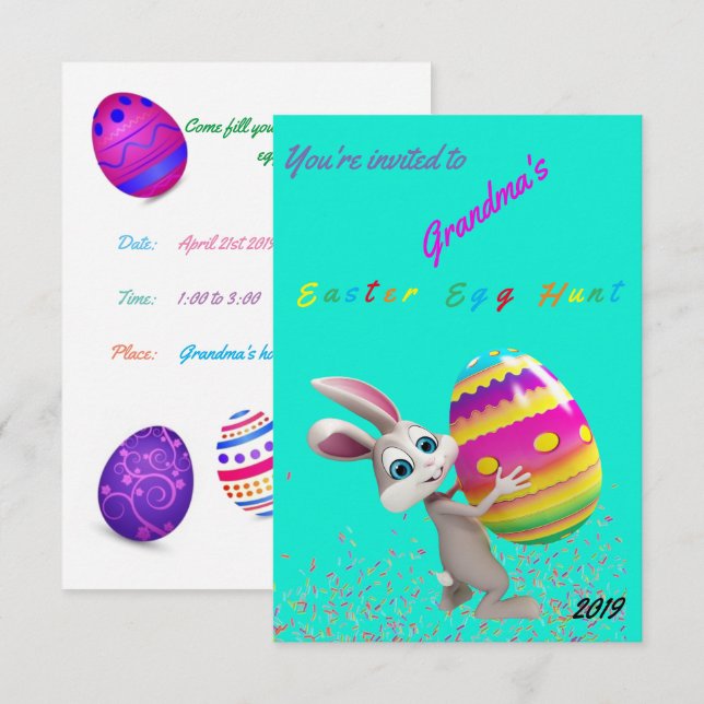 Invitation Chasse aux œufs de Pâques avec Lapin de (Devant / Derrière)