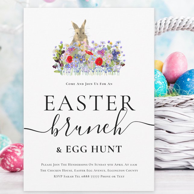 Invitation Chasse aux œufs de Pâques avec lapin de Pâques et  (Easter brunch and egg hunt spring party invitation Cute bunny and watercolor wildflowers )