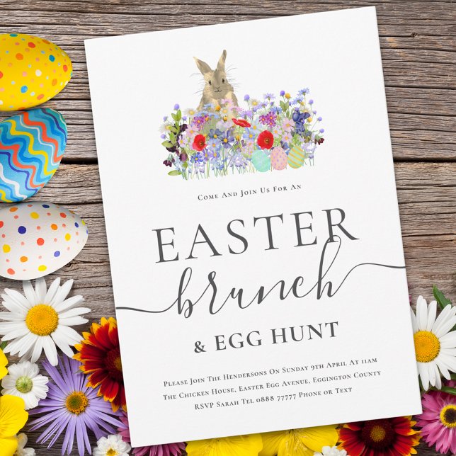 Invitation Chasse aux œufs de Pâques avec lapin de Pâques et  (Easter brunch and egg hunt cute bunny watercolor wildflower meadow spring party invitation )