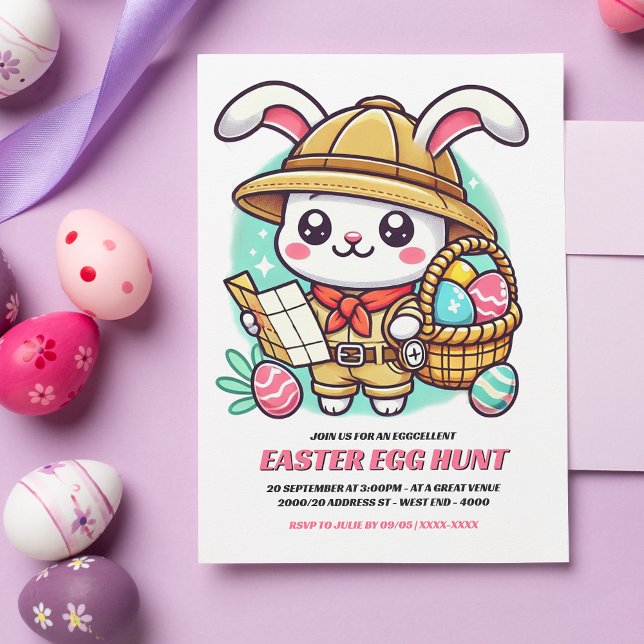Invitation Chasse aux œufs de Pâques avec un lapin explorateu (Invite friends and family to an eggcellent Easter egg hunt with this adorable invitation!)