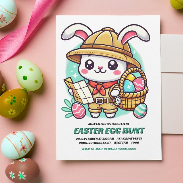 Invitation Chasse aux œufs de Pâques avec un lapin explorateu (Invite friends and family to an eggcellent Easter egg hunt with this adorable invitation!)