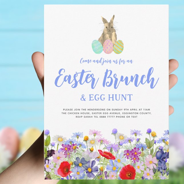 Invitation Chasse aux œufs de Pâques Bruch Boho Lapin Fleur S (Easter bunny egg hunt and brunch boho wildflower invitation )