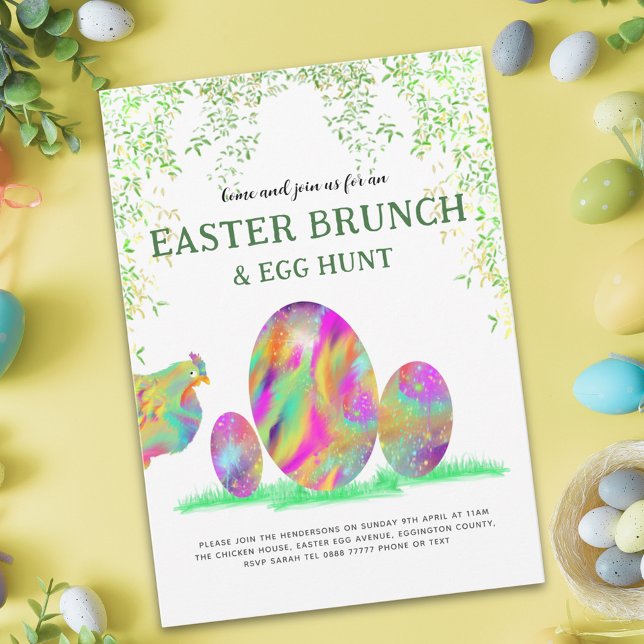 Invitation Chasse aux oeufs de Pâques Brunch Aquarelle mignon (Easter egg hunt brunch cute chicken colorful watercolor spring garden party invitation)