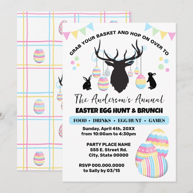 Invitation Chasse aux oeufs de Pâques & Brunch Cerf avec lapi (Devant / Derrière)