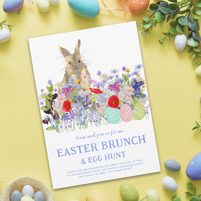 Invitation Chasse aux œufs de Pâques Brunch de printemps Lapi (Easter egg hunt spring brunch cute Easter bunny wildflower meadow watercolor floral invitation)