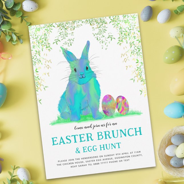 Invitation Chasse aux œufs de Pâques Brunch Lapin bleu mignon (Easter egg hunt spring brunch cute blue bunny & eggs garden party invitation)