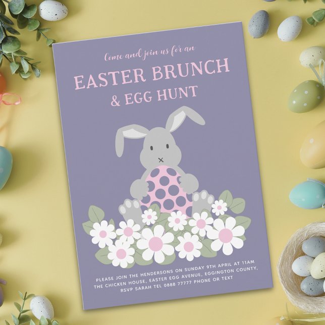Invitation Chasse aux œufs de Pâques Brunch printanier Lapin  (Easter egg hunt spring brunch cute bunny daisy floral meadow purple invitation)
