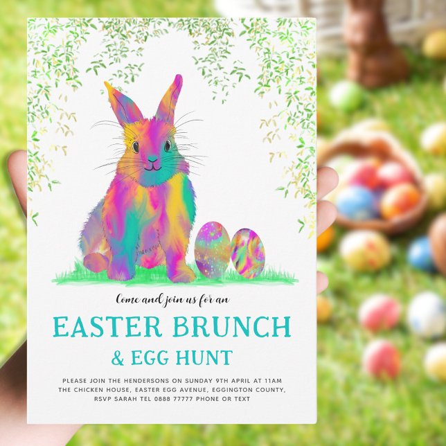 Invitation Chasse aux œufs de Pâques Brunch printanier Lapin  (Easter brunch and egg hunt cute colorful Easter bunny invitation)