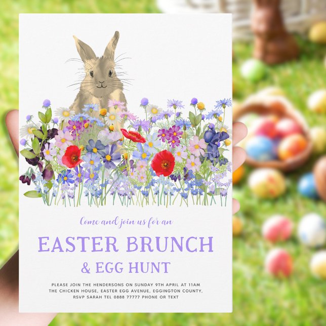 Invitation Chasse aux œufs de Pâques Brunch printanier Lapin  (Easter brunch egg hunt cute bunny floral watercolor invitation purple blue pink red green)
