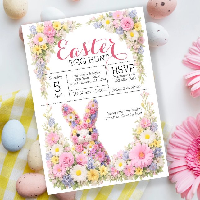 Invitation Chasse aux œufs de Pâques déjeuner lapin Bunny Fle (Sweet Flower Bunny Rabbit Easter Egg Hunt Lunch Acrylic Invitations by Ricaso. Spring themed florals)