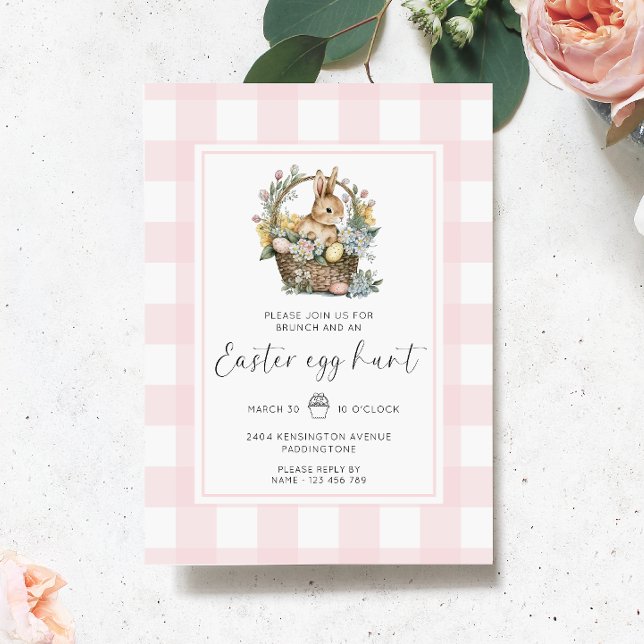 Invitation Chasse aux oeufs de Pâques En vichy lapin rose (Easter Egg Hunt Invitation Gingham )