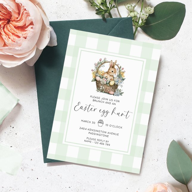 Invitation Chasse aux oeufs de Pâques En vichy lapin vert men (Easter Egg Hunt Invitation Gingham )