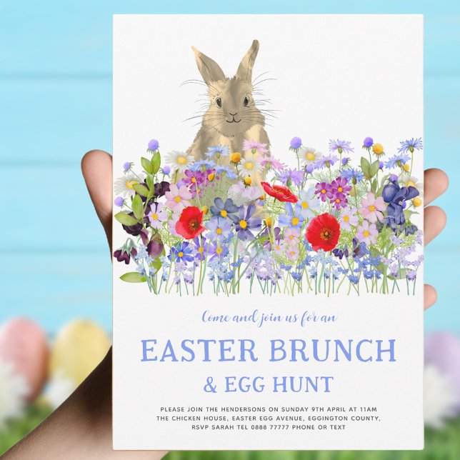 Invitation Chasse aux oeufs de Pâques et Brunch Fleur sauvage (Easter brunch and egg hunt invitation with colorful watercolor wildflowers and cute Easter bunny )