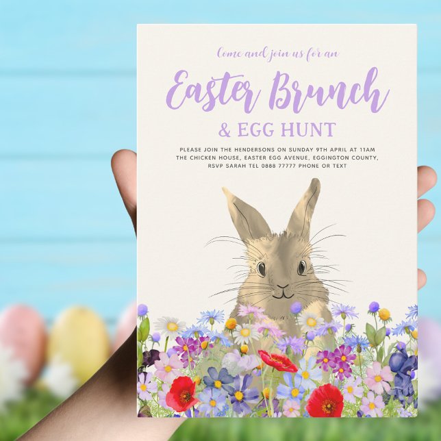 Invitation Chasse aux oeufs de Pâques et Brunch Fleur sauvage (Easter brunch and egg hunt boho wildflower cute Easter bunny invitation )