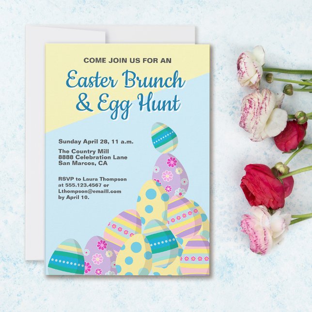 Invitation Chasse aux oeufs de Pâques personnalisée printemps (easter brunch and egg hunt invitation . colorful and fun design.)