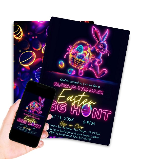 Invitation Chasse aux œufs de Pâques qui brillent dans le noi (Glow in the Dark Egg Hunt for Easter Bunny, Neon Easter Egg Hunt)