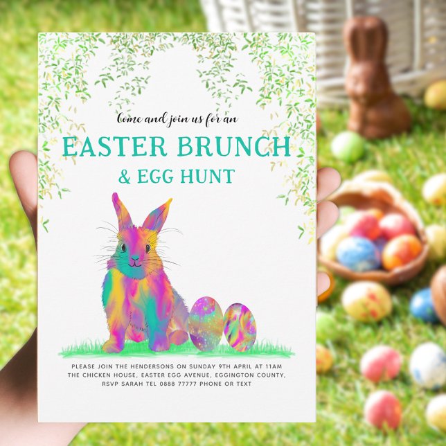 Invitation Chasse aux œufs du brunch de Pâques Aquarelle Lapi (Easter bunny egg hunny and brunch custom spring party invitation )