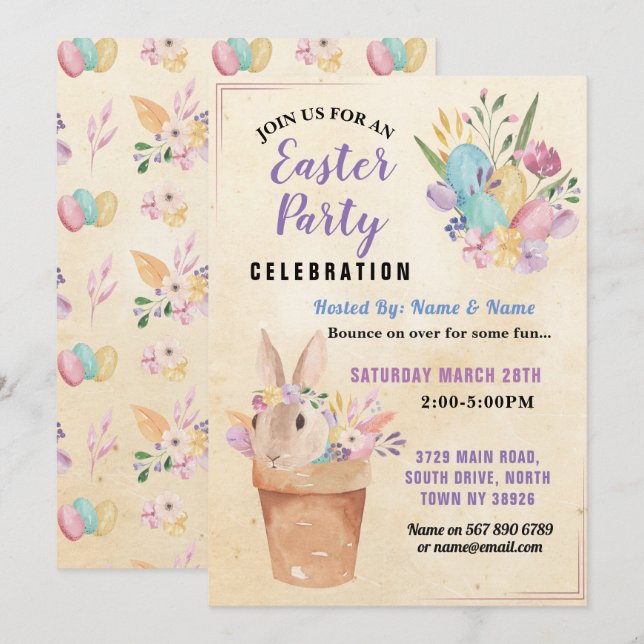 Invitation Chasse aux oeufs du Bunny de Pâques Panier rose (Devant / Derrière)