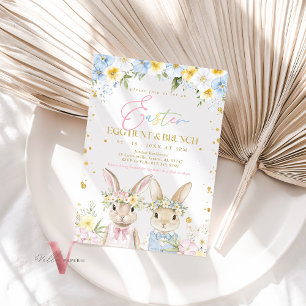 Invitation Chasse aux oeufs et Brunch Blue Rose Gold Floral P