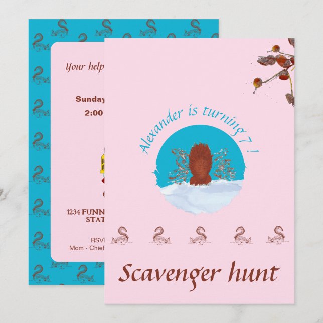 Invitation Chasse aux trésors amusante écureuil creusant sur  (Devant / Derrière)