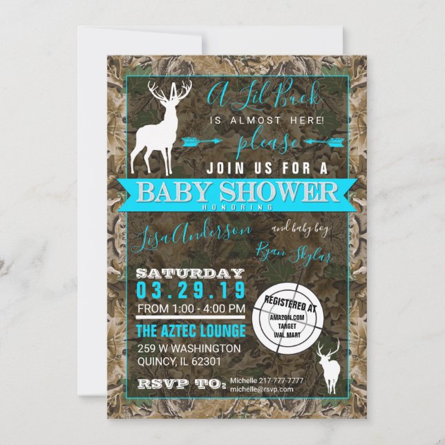 Invitation Chasse Camo Boy Baby shower Buck (Devant)