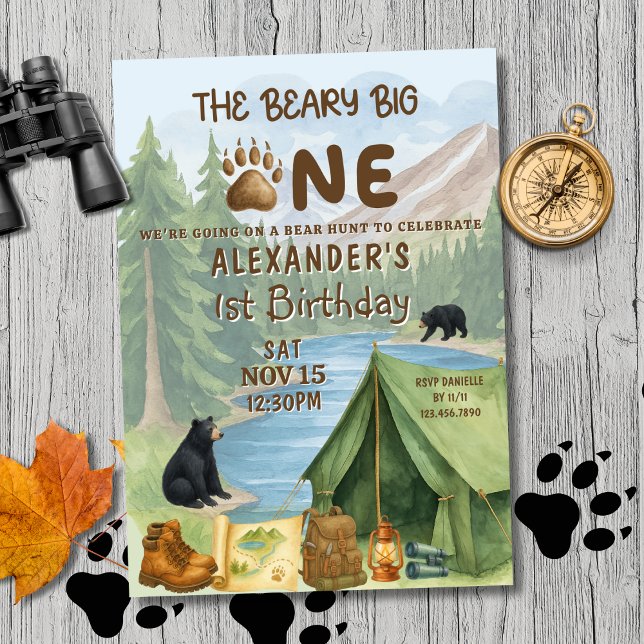 Invitation Chasse Camping Ours D'abord Garçon 1er Anniversair (Créateur téléchargé)