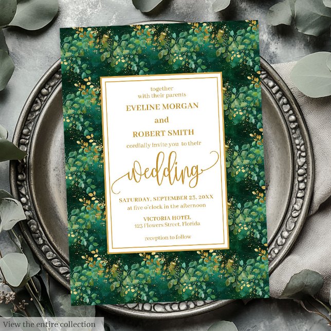 Invitation Chasseur classique Vert Eucalyptus Mariage (Classic Hunter Green Gold Eucalyptus Wedding Invitation)