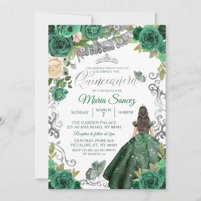 Invitation Chasseur d'argent Vert Floral mexicain Quinceañera (Devant)