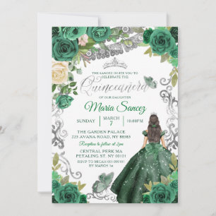 Invitation Chasseur d'argent Vert Floral mexicain Quinceañera
