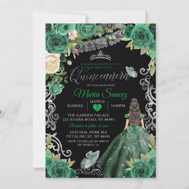 Invitation Chasseur d'argent Vert Floral mexicain Quinceañera (Devant)