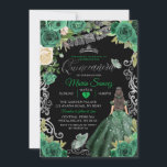 Invitation Chasseur d'argent Vert Floral mexicain Quinceañera<br><div class="desc">Chasseur d'argent vert Floral mexicain Quinceañera Arrière - plan noir</div>